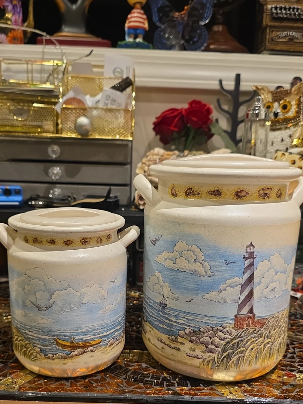 Vintage Cream Coastal Lighthouse Ceramic Canister Set
